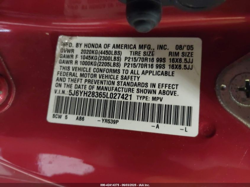 2005 Honda Element Lx VIN: 5J6YH28365L027421 Lot: 42414375