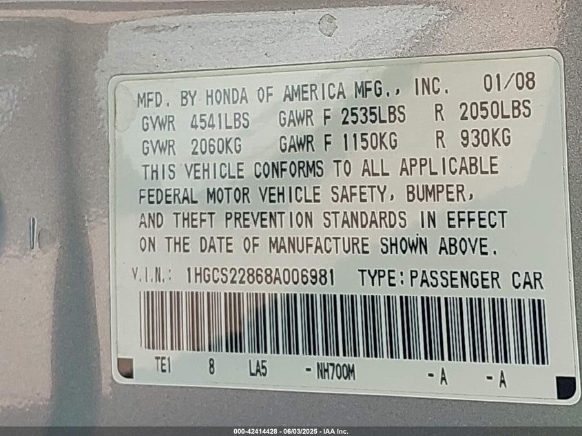 2008 HONDA ACCORD VIN: 1HGCS22868A006981