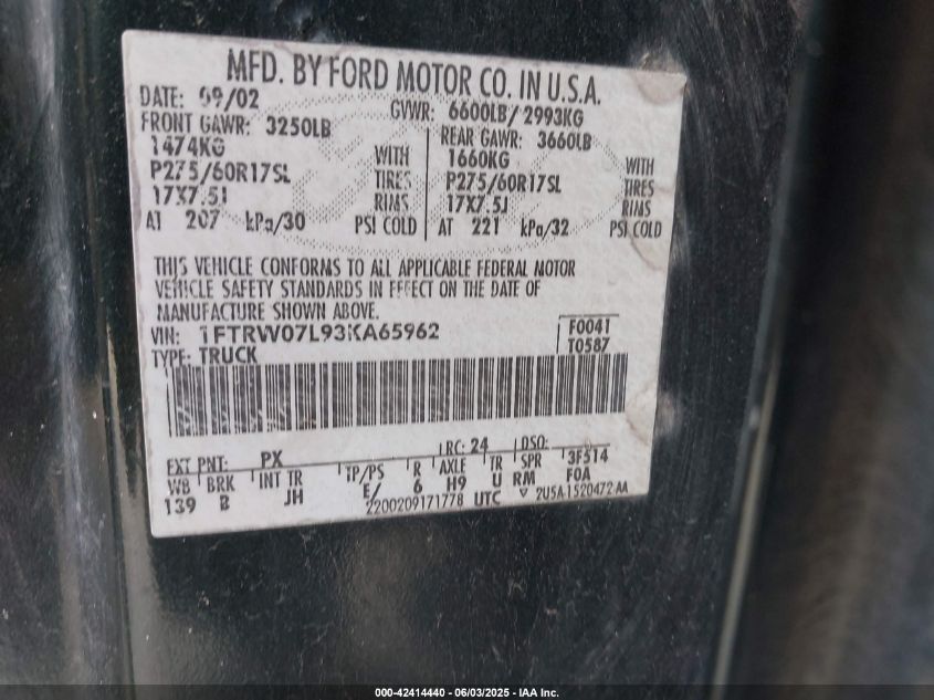 2003 Ford F-150 Lariat/Xlt VIN: 1FTRW07L93KA65962 Lot: 42414440