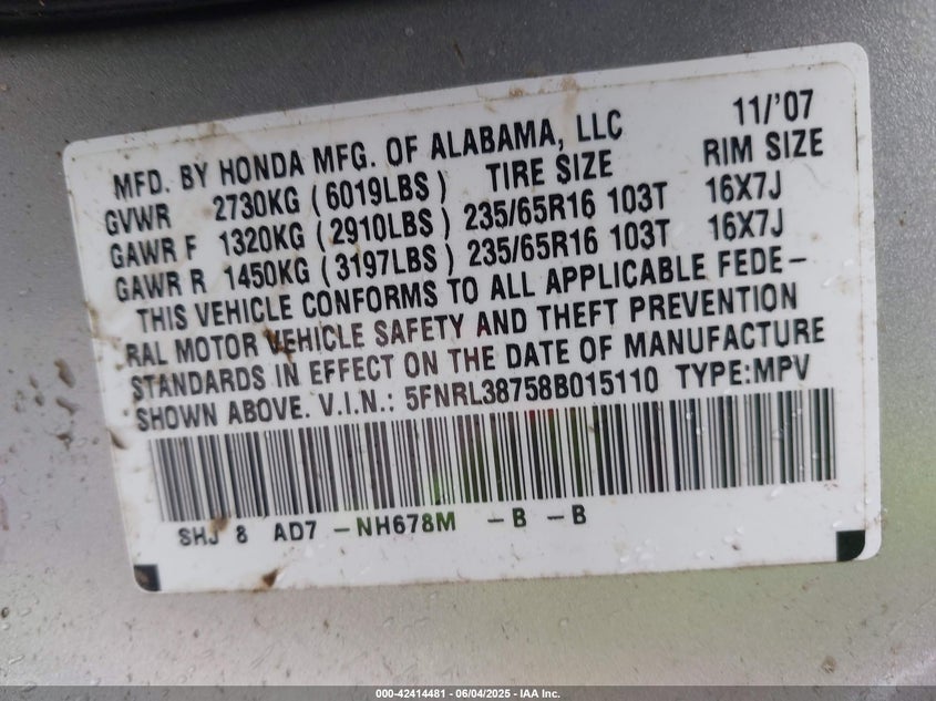 2008 Honda Odyssey Ex-L VIN: 5FNRL38758B015110 Lot: 42414481