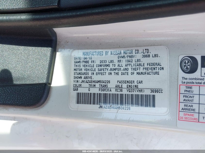 2010 NISSAN 370Z VIN: JN1AZ4EH6AM504226
