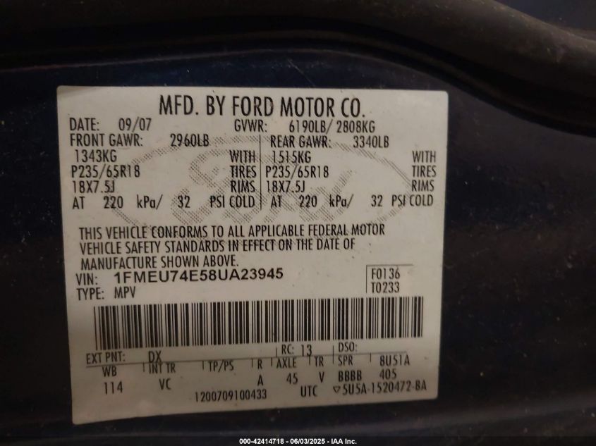 2008 Ford Explorer Eddie Bauer VIN: 1FMEU74E58UA23945 Lot: 42414718