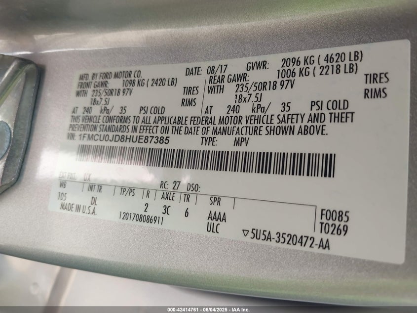 2017 FORD ESCAPE VIN: 1FMCU0JD8HUE87385