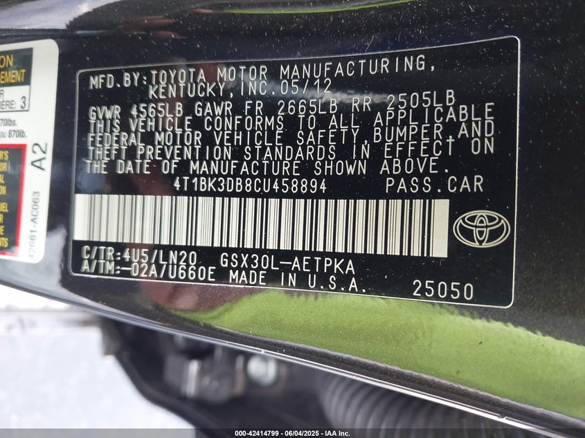 2012 TOYOTA AVALON VIN: 4T1BK3DB8CU458894