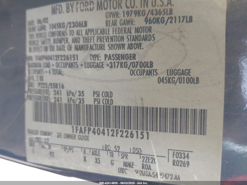 2002 Ford Mustang VIN: 1FAFP40412F2261 Lot: 42414805