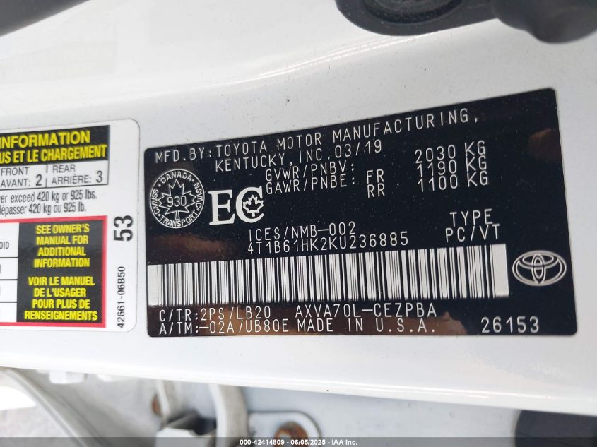 2019 Toyota Camry Xse VIN: 4T1B61HK2KU236885 Lot: 42414809