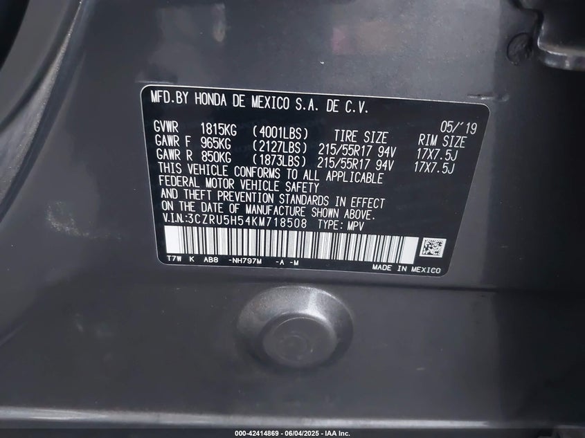 2019 HONDA HR-V EX - 3CZRU5H54KM718508