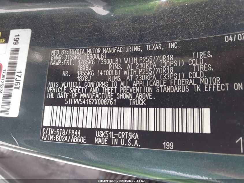 2007 Toyota Tundra Sr5 V8 VIN: 5TFRV54167X008761 Lot: 42414878