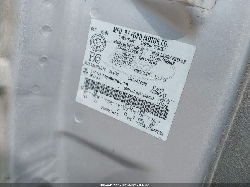 2008 Ford F-150 Xl/Xlt VIN: 1FTVX14508KE86399 Lot: 42415113