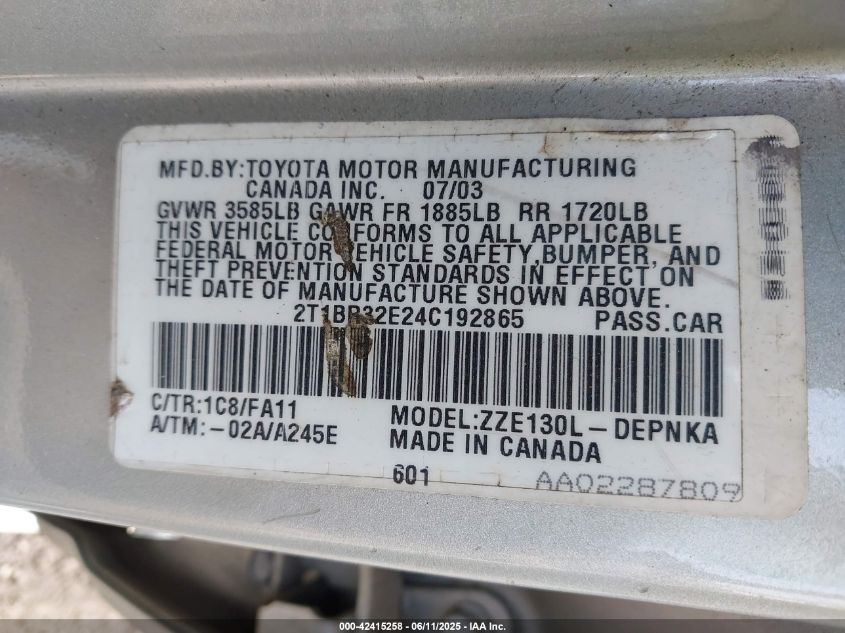 2004 Toyota Corolla Le VIN: 2T1BR32E24C192865 Lot: 42415258