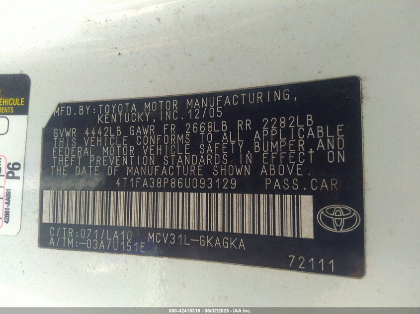 2006 TOYOTA CAMRY SOLARA VIN: 4T1FA38P86U093129