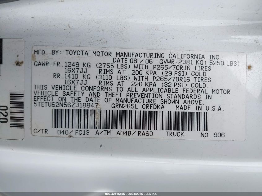 2006 Toyota Tacoma Prerunner V6 VIN: 5TETU62N56Z318847 Lot: 42415495