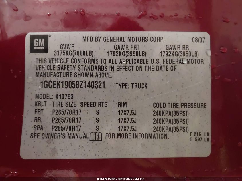 2008 Chevrolet Silverado 1500 Lt1 VIN: 1GCEK19058Z140321 Lot: 42415535