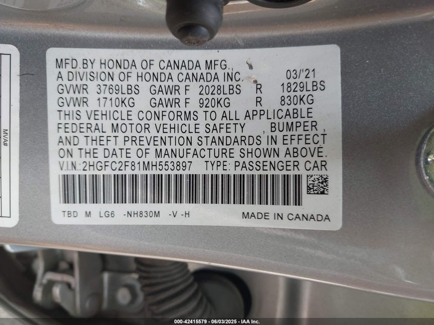 VIN 2HGFC2F81MH553897 2021 HONDA CIVIC SPORT