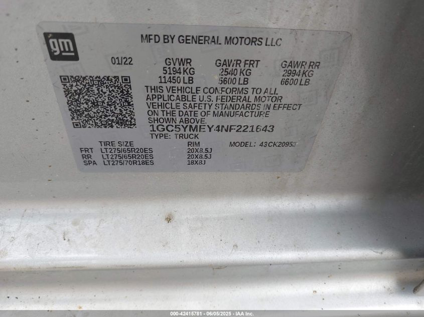2022 Chevrolet Silverado 2500Hd 4Wd Double Cab Long Bed Custom VIN: 1GC5YMEY4NF221643 Lot: 42415781