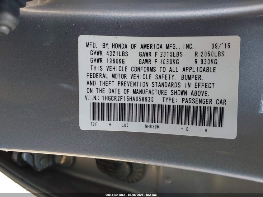 2017 HONDA ACCORD VIN: 1HGCR2F15HA058935