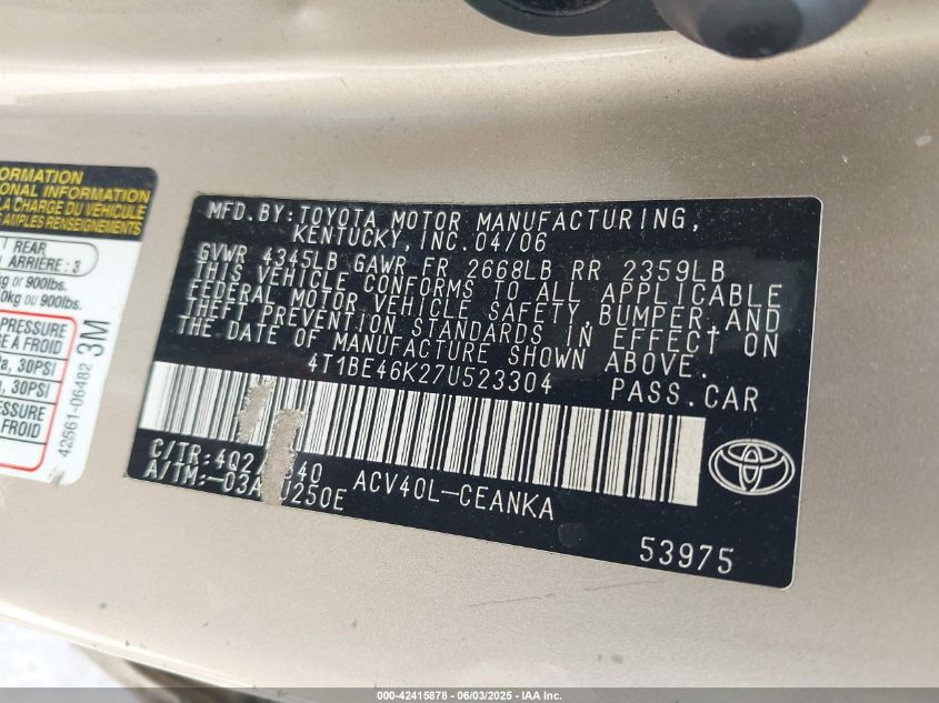 2007 Toyota Camry Le VIN: 4T1BE46K27U523304 Lot: 42415878