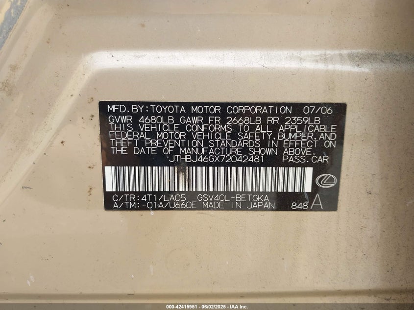 2007 LEXUS ES 350 VIN: JTHBJ46GX72042481