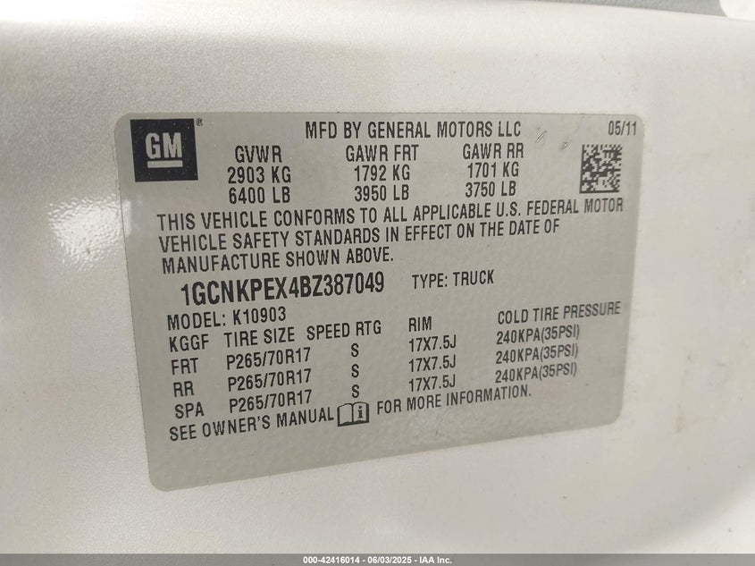 2011 CHEVROLET SILVERADO 1500 VIN: 1GCNKPEX4BZ387049
