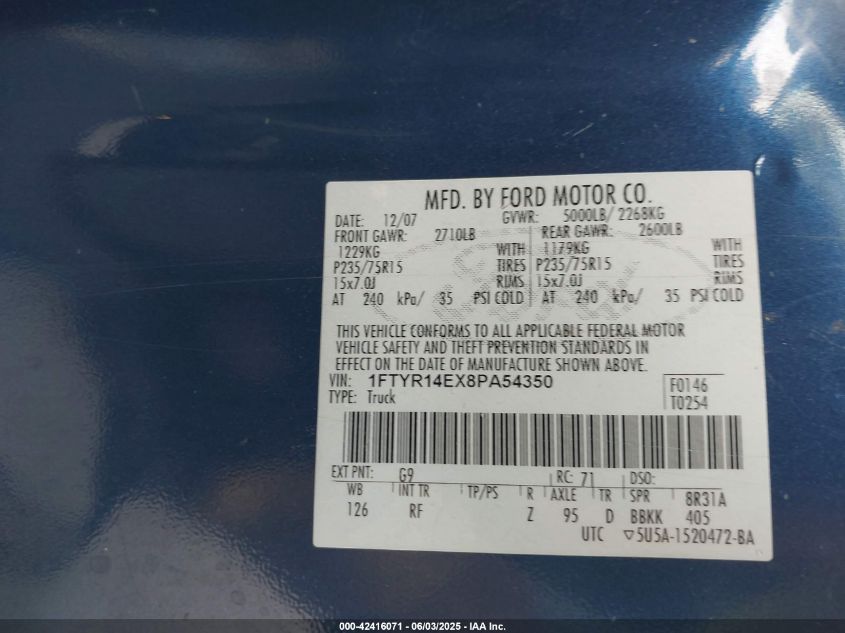 2008 Ford Ranger Sport/Xl/Xlt VIN: 1FTYR14EX8PA54350 Lot: 42416071