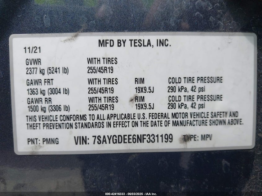 VIN 7SAYGDEE6NF331199 2022 TESLA MODEL Y LONG RANGE DUAL MOTOR ALL-WHEEL DRIVE
