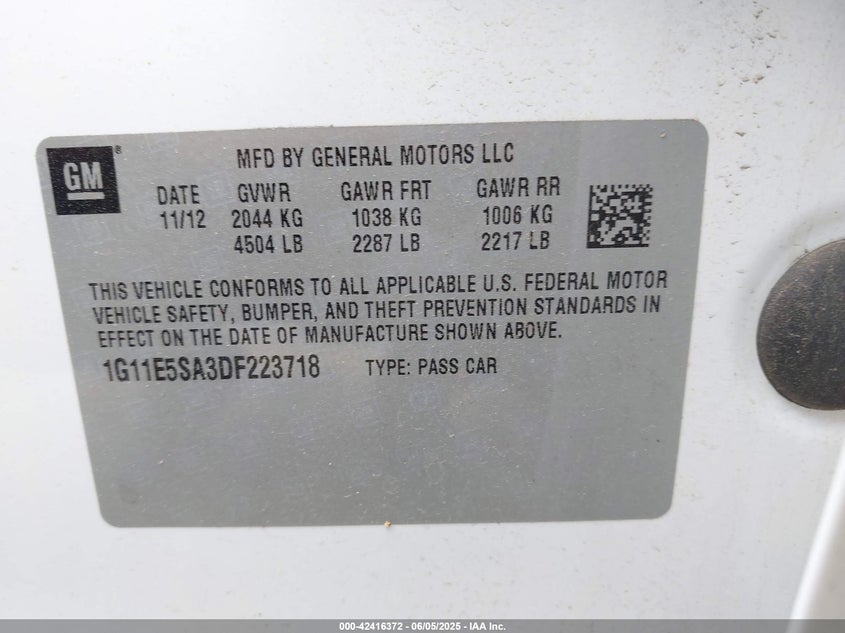 2013 CHEVROLET MALIBU VIN: 1G11E5SA3DF223718