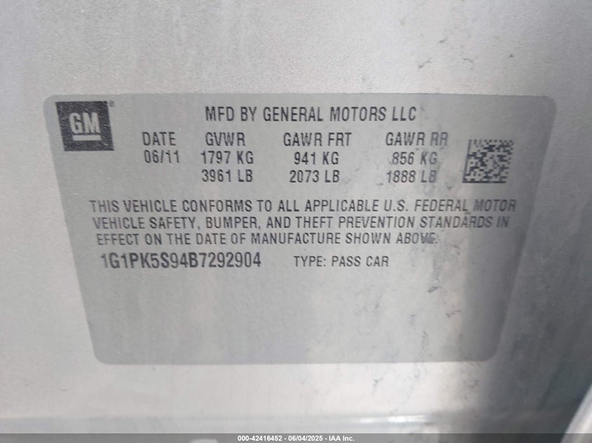 2011 CHEVROLET CRUZE VIN: 1G1PK5S94B7292904