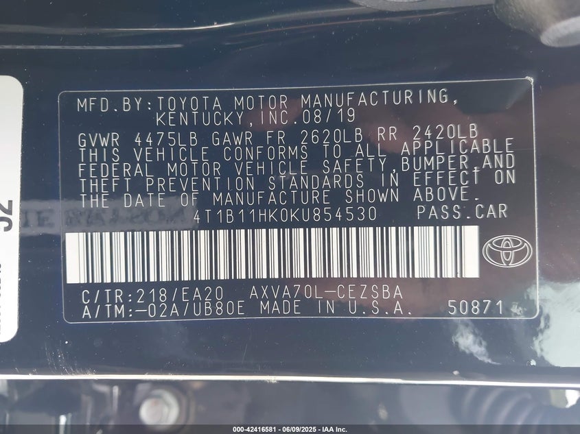 2019 TOYOTA CAMRY VIN: 4T1B11HK0KU854530