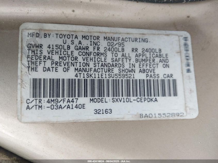 1995 Toyota Camry Dx VIN: 4T1SK11E1SU559521 Lot: 42416624