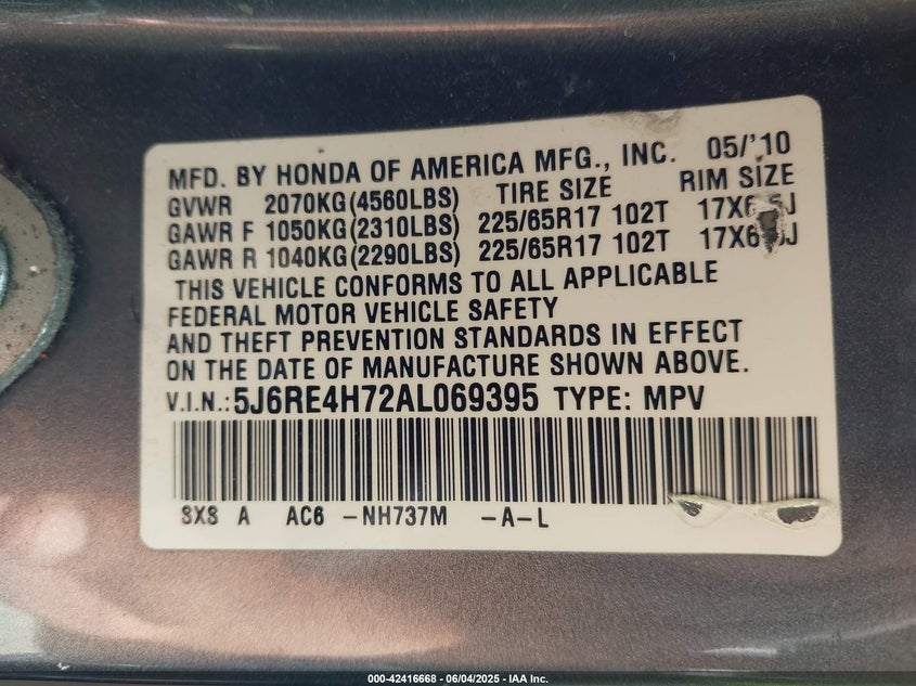 2010 HONDA CR-V VIN: 5J6RE4H72AL069395