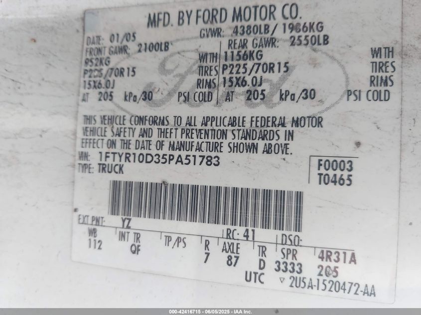 2005 Ford Ranger VIN: 1FTYR10D35TA51783 Lot: 42416715