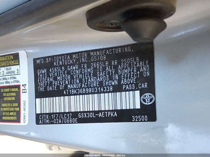 2008 Toyota Avalon VIN: 4T1BR36B48U314338 Lot: 42416860