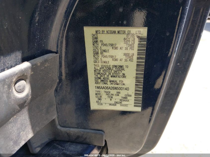 2006 Nissan Titan Xe VIN: 1N6AA06A26N500140 Lot: 42416973