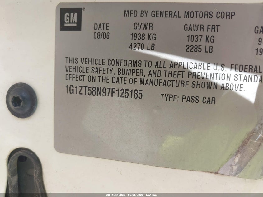 2007 CHEVROLET MALIBU VIN: 1G1ZT58N97F125185