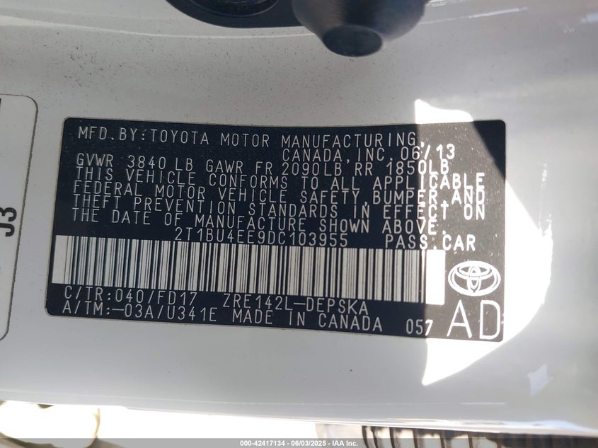 2013 TOYOTA COROLLA VIN: 2T1BU4EE9DC103955