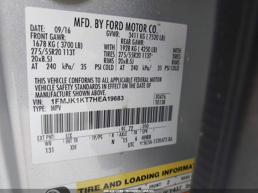 2017 FORD EXPEDITION EL LIMITED - 1FMJK1KT7HEA19683