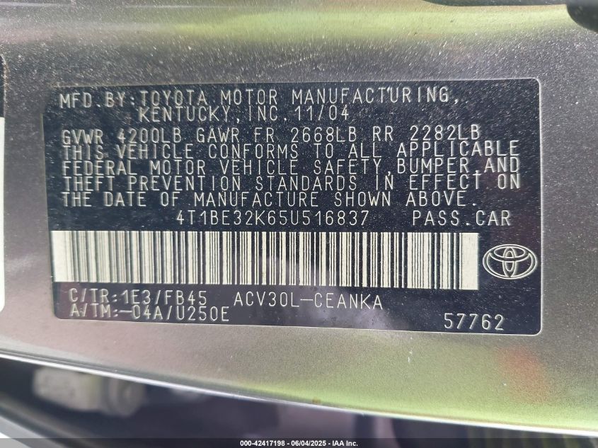 2005 Toyota Camry VIN: 4T1BE32T65U516837 Lot: 42417198