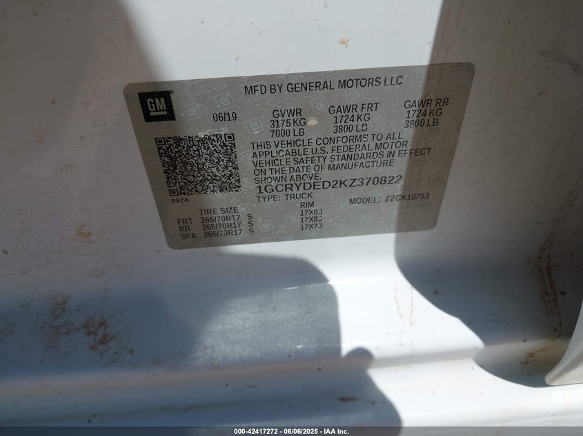 2019 CHEVROLET SILVERADO 1500 LT - 1GCRYDED2KZ370822