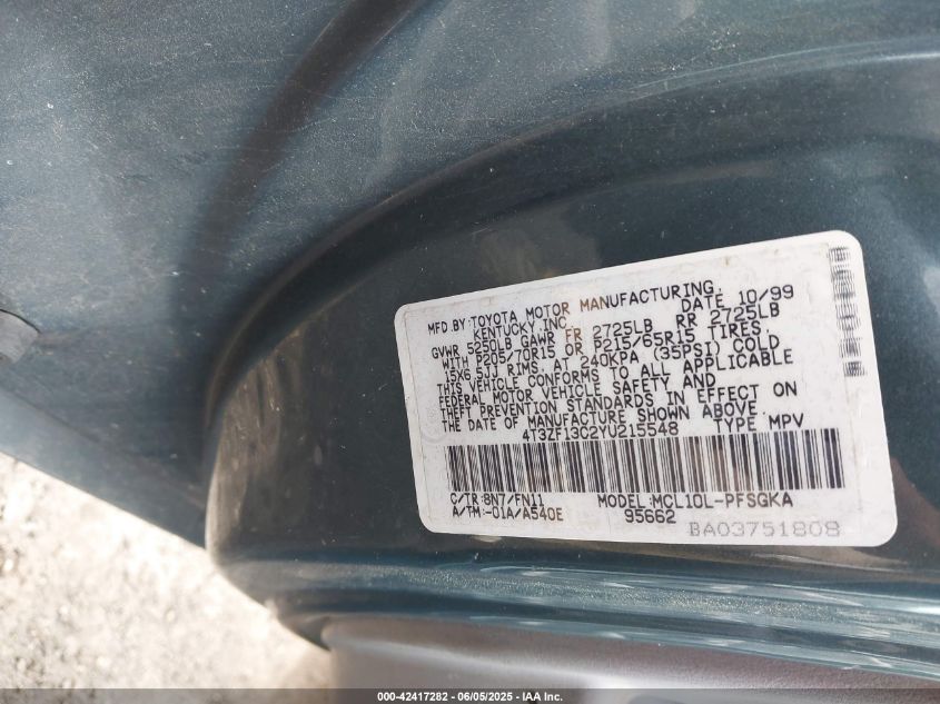 2000 Toyota Sienna Le/Xle VIN: 4T3ZF13C2YU21554 Lot: 42417282