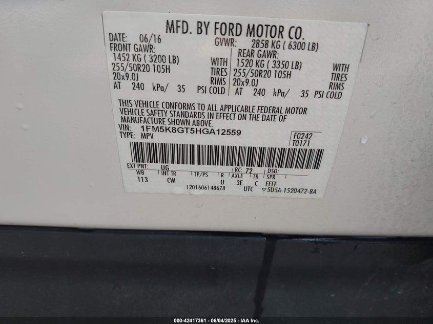 2017 FORD EXPLORER VIN: 1FM5K8GT5HGA12559
