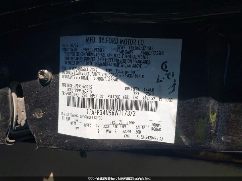 2006 Ford Focus Zx4 VIN: 1FAFP34N56W117372 Lot: 42417380