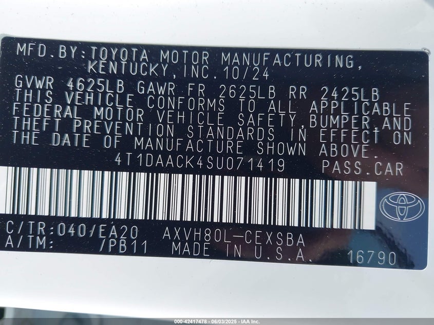 2025 TOYOTA CAMRY VIN: 4T1DAACK4SU071419