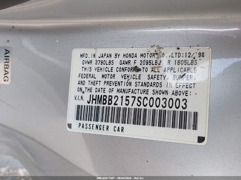 1995 Honda Prelude Si/Sr VIN: JHMBB2157SC003003 Lot: 42417487