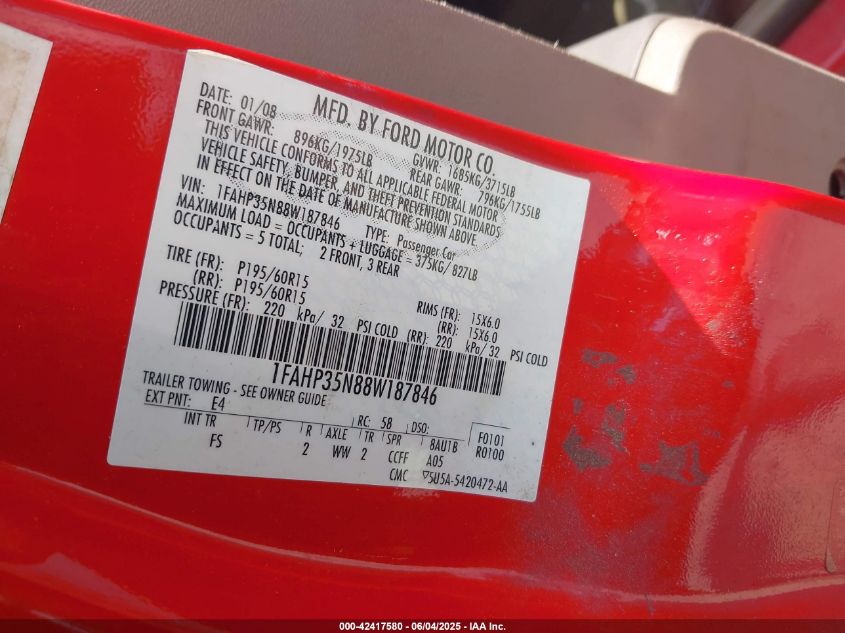 2008 Ford Focus Se/Ses VIN: 1FAHP35N88W187846 Lot: 42417580