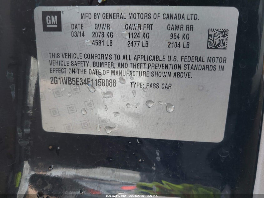 2014 CHEVROLET IMPALA LIMITED VIN: 2G1WB5E34E1158088