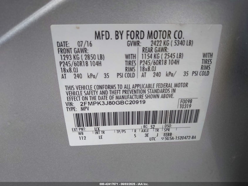 2016 FORD EDGE SEL - 2FMPK3J80GBC20919