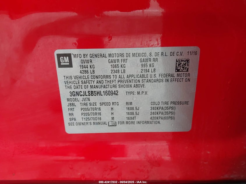 2017 CHEVROLET TRAX LT - 3GNCJLSB5HL160942