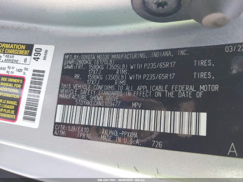 2022 Toyota Sienna - 5TDYRKEC8NS109477