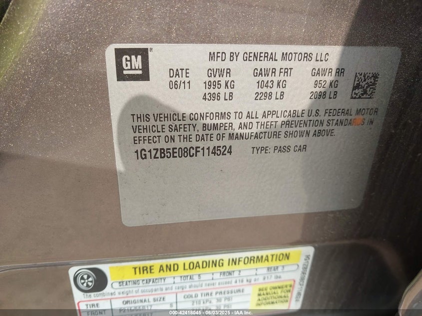 2012 CHEVROLET MALIBU VIN: 1G1ZB5E08CF114524