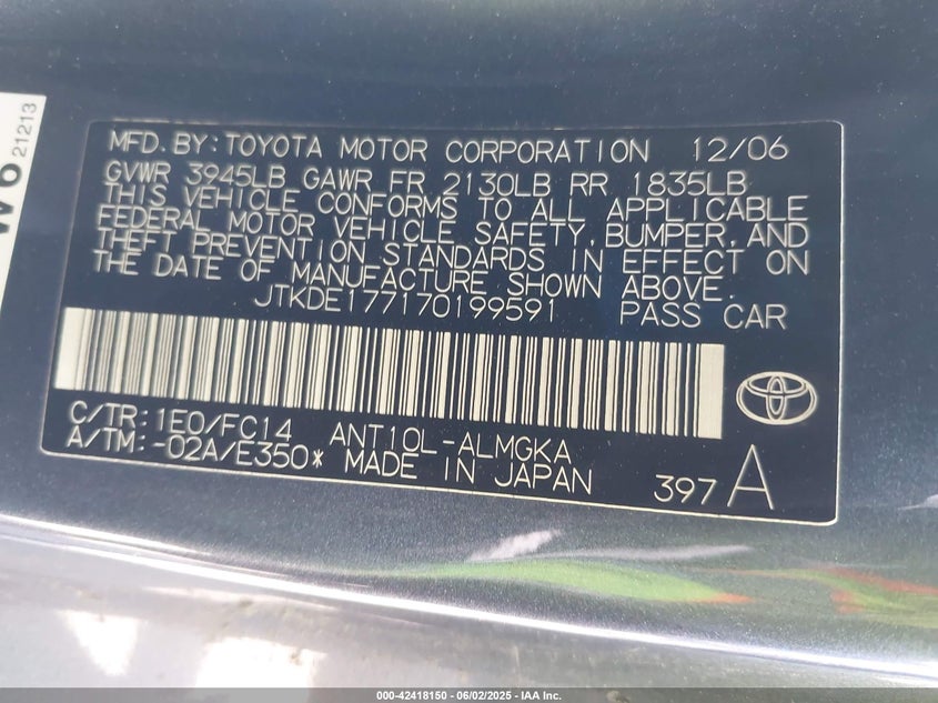 2007 SCION TC VIN: JTKDE177170199591